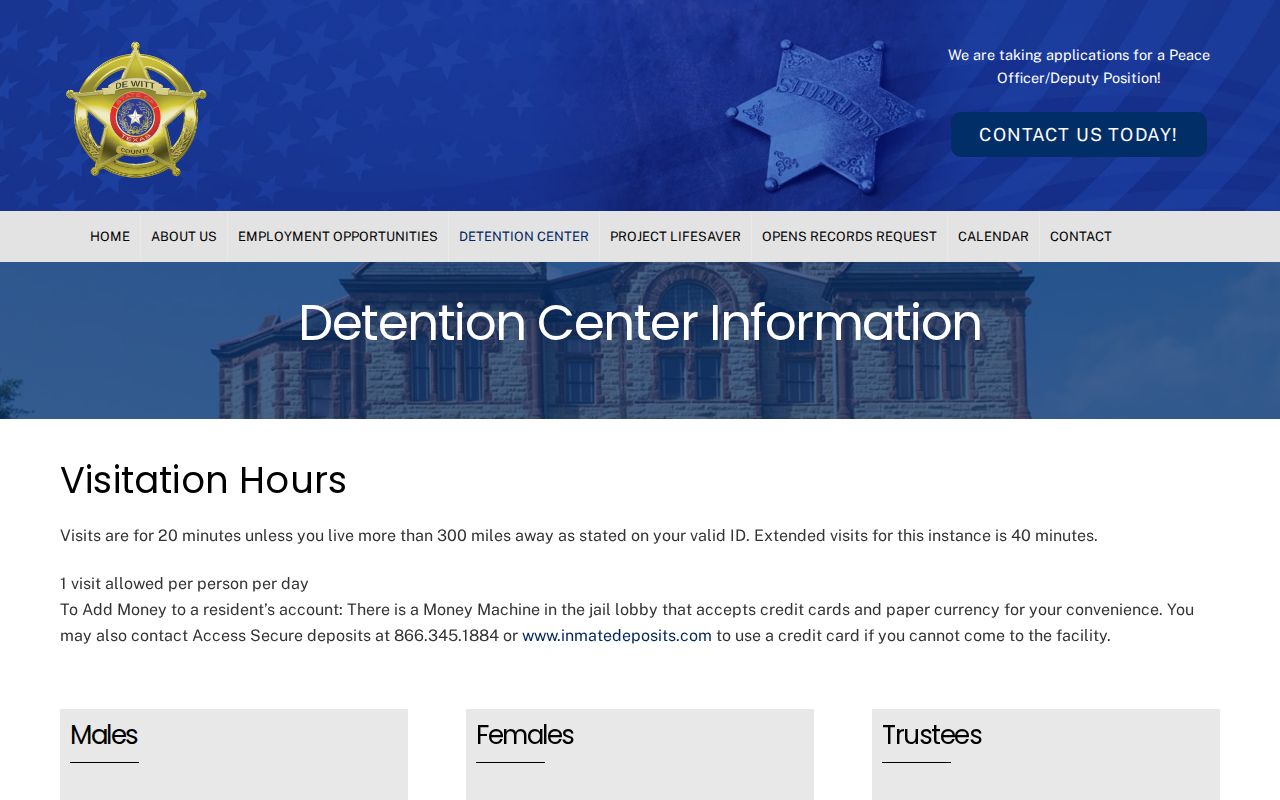 DeWitt County detention information for custody and jail contact rules