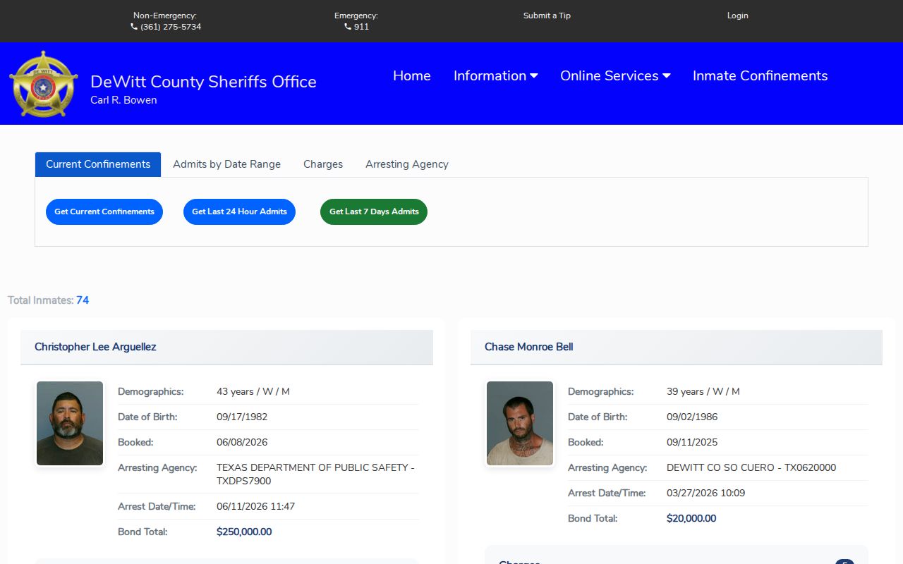 DeWitt Citizen Connect booking search with current confinement and admission controls