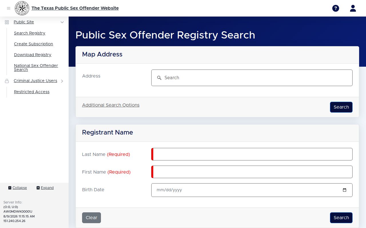 DeWitt County sex offender registry search screen from Texas DPS