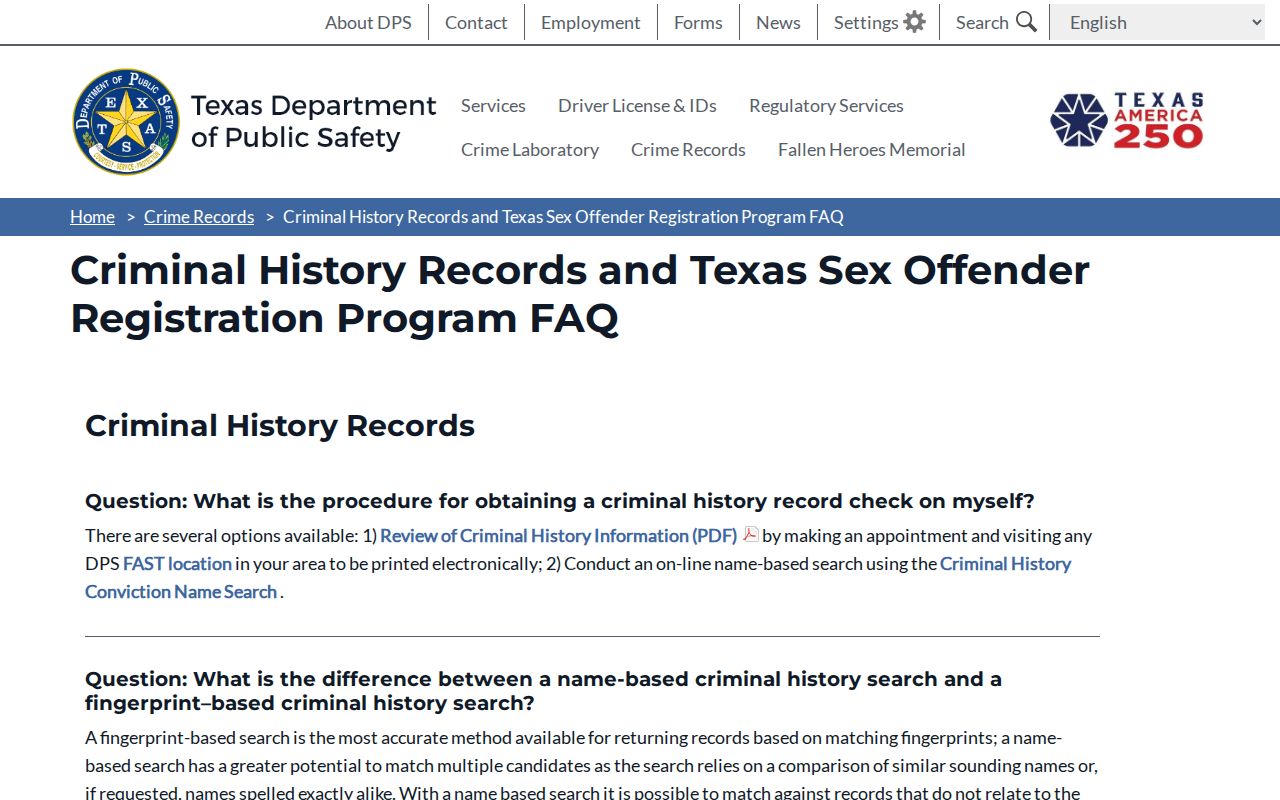 Texas DPS registry FAQ used for DeWitt County sex offender checks